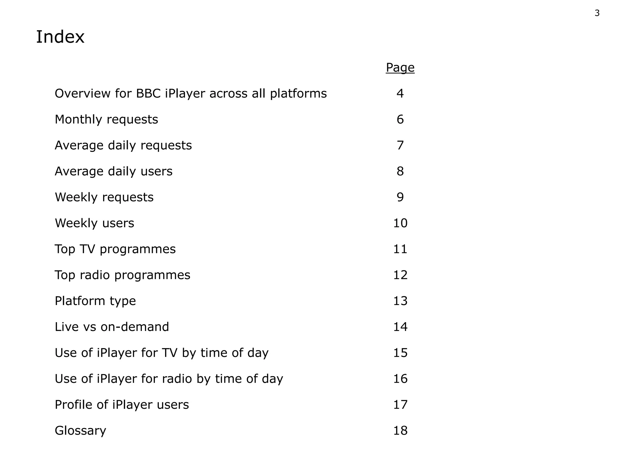 3


         Index
                                                               Page

               Overview for BBC iPlayer across all platforms    4 

               Monthly requests                                 6

               Average daily requests                           7

               Average daily users                              8

               Weekly requests                                  9

               Weekly users                                    10

               Top TV programmes                               11

               Top radio programmes                            12

               Platform type                                   13

               Live vs on­demand                               14

               Use of iPlayer for TV by time of day            15

               Use of iPlayer for radio by time of day         16

               Profile of iPlayer users                        17

               Glossary                                        18

Please refer to slide 4 for guide footnotes
 