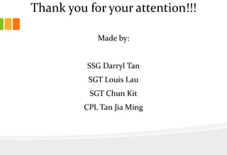 Thank you for your attention!!!
Made by:
SSG Darryl Tan
SGT Louis Lau

SGT Chun Kit
CPL Tan Jia Ming

 