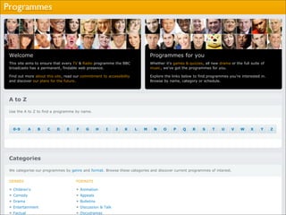 Welcome                                                                       Programmes for you
This site aims to ensure that every TV & Radio programme the BBC              Whether it's games & quizzes, all new drama or the full suite of
broadcasts has a permanent, findable web presence.                            music, we've got the programmes for you.

Find out more about this site, read our commitment to accessibility           Explore the links below to find programmes you're interested in.
and discover our plans for the future.                                        Browse by name, category or schedule.




A to Z

Use the A to Z to find a programme by name.



  0-9       A   B    C    D     E    F      G        H   I   J   K    L   M     N    O     P    Q    R     S    T     U    V    W     X     Y    Z




Categories

We categorise our programmes by genre and format. Browse these categories and discover current programmes of interest.


GENRES                               FORMATS

  Children's                             Animation
  Comedy                                 Appeals
  Drama                                  Bulletins
  Entertainment                          Discussion & Talk
  Factual                                Docudramas
 
