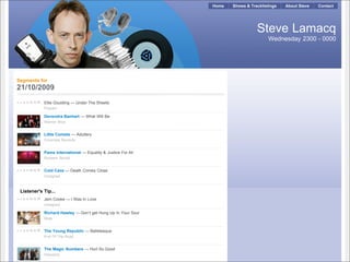 Home   Shows & Tracklistings   About Steve   Contact




                                                                                Steve Lamacq
                                                                                      Wednesday 2300 - 0000




Segments for
21/10/2009
            Ellie Goulding — Under The Sheets
            Polydor

            Devendra Banhart — What Will Be
            Warner Bros


            Little Comets — Adultery
            Columbia Records


            Pama International — Equality & Justice For All
            Rockers Revolt


            Cold Cave — Death Comes Close
            Unsigned



 Listener's Tip...
            Jem Cooke — I Was In Love
            Unsigned

            Richard Hawley — Don’t get Hung Up In Your Soul
            Mute


            The Young Republic — Balletesque
            End Of The Road


            The Magic Numbers — Hurt So Good
            Heavenly
 