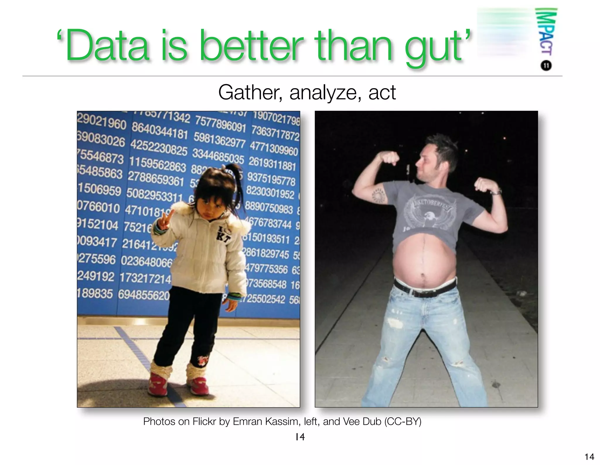 ‘Data is better than gut’
                    Gather, analyze, act




     Photos on Flickr by Emran Kassim, left, and Vee Dub (CC-BY)
                                     14
                                                                   14
 