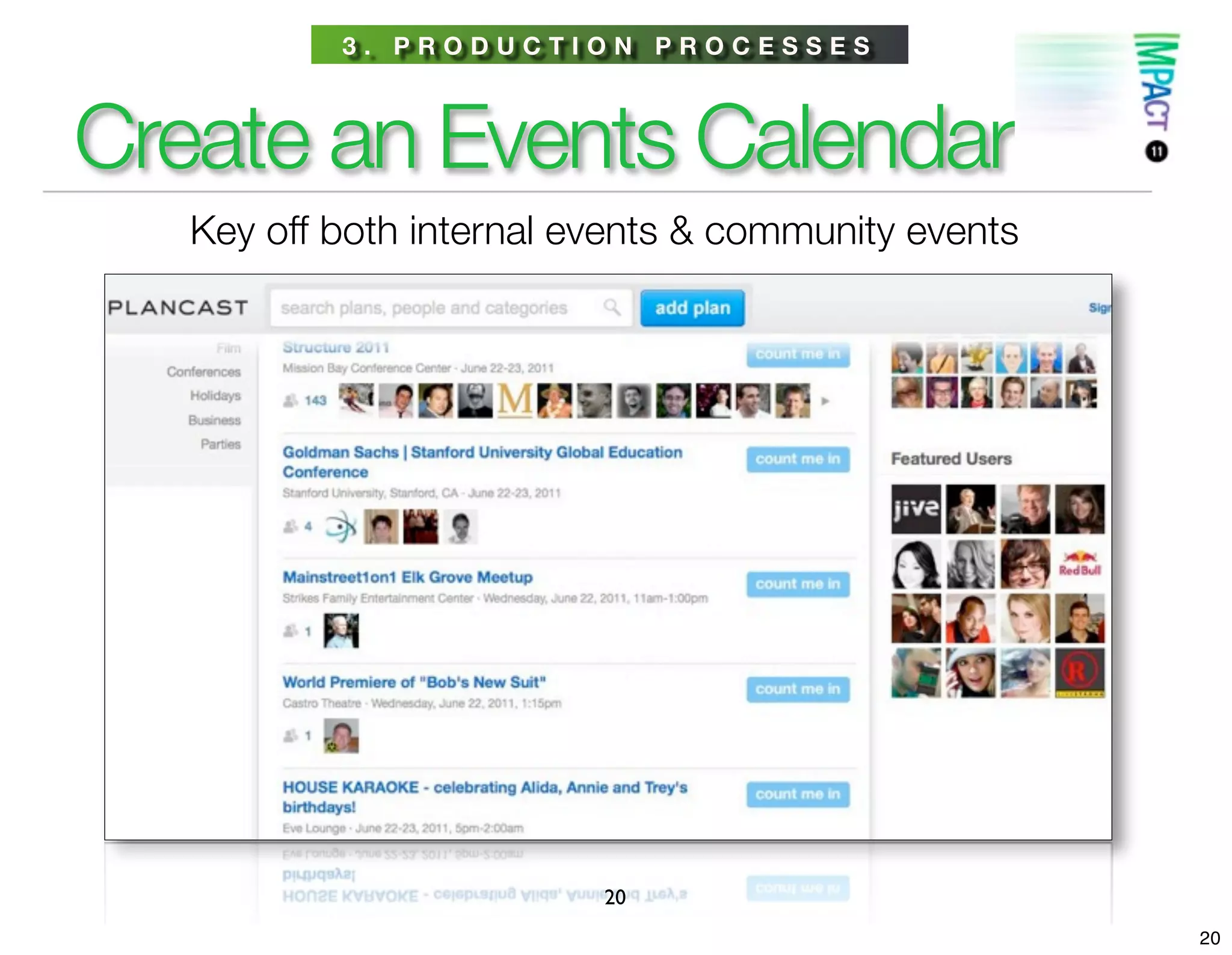 3. PRODUCTION PROCESSES



Create an Events Calendar
   Key off both internal events & community events




                          20
                                                     20
 