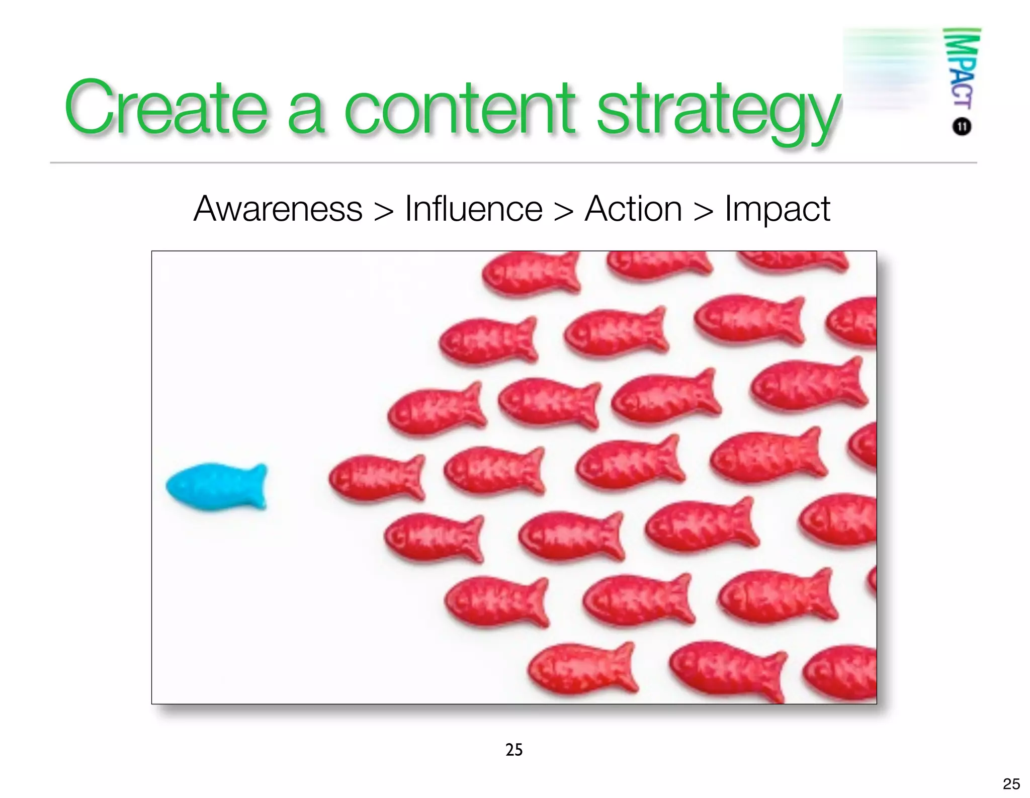 Create a content strategy
    Awareness > Inﬂuence > Action > Impact




                      25
                                             25
 