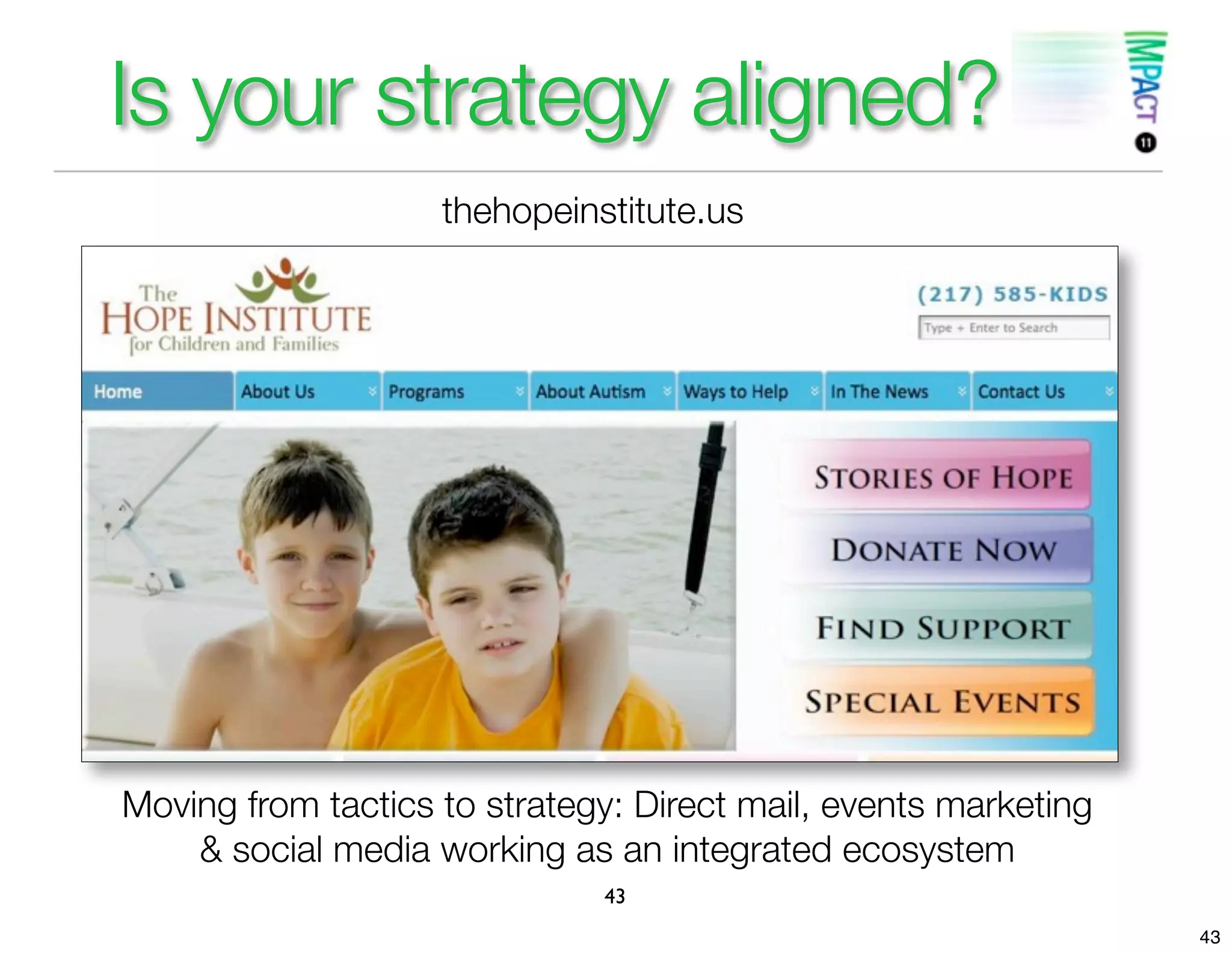 Is your strategy aligned?
                    thehopeinstitute.us




Moving from tactics to strategy: Direct mail, events marketing
    & social media working as an integrated ecosystem
                              43
                                                                 43
 