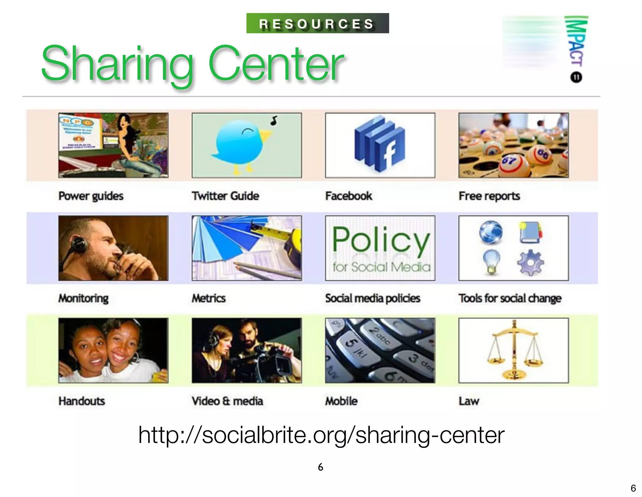 RESOURCES



Sharing Center




    http://socialbrite.org/sharing-center
                      6
                                            6
 