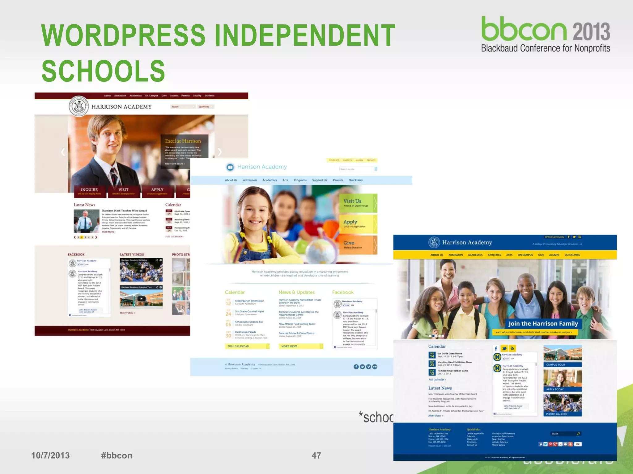 10/7/2013 #bbcon 47
WORDPRESS INDEPENDENT
SCHOOLS
*school-specific plug-ins
 