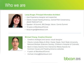 Who we are
Michael Chang, Creative Director
•  Creative strategist and senior visual designer
•  Clients include Make-A-Wish, Easter Seals, Kent State University,
National Multiple Sclerosis Society, Children’s Hospital of Colorado
•  Best-in-Class Awards from Interactive Media Awards for
Common Cause and Feeding America websites
•  4 years at Blackbaud/Convio
•  michael.chang@blackbaud.com
Lacey Kruger, Principal Information Architect
•  User Experience designer and researcher
•  Clients include Feeding America, Central Park Conservancy,
Jewish National Fund
•  Speaker: IA Summit, BIG Design, bbcon, Convio Summit
•  10 years at Blackbaud/Convio
•  lacey.kruger@blackbaud.com
 