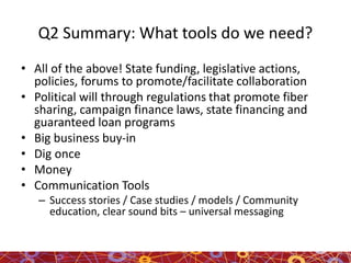 Q2 Summary: What tools do we need?
• All of the above! State funding, legislative actions,
policies, forums to promote/facilitate collaboration
• Political will through regulations that promote fiber
sharing, campaign finance laws, state financing and
guaranteed loan programs
• Big business buy-in
• Dig once
• Money
• Communication Tools
– Success stories / Case studies / models / Community
education, clear sound bits – universal messaging
 