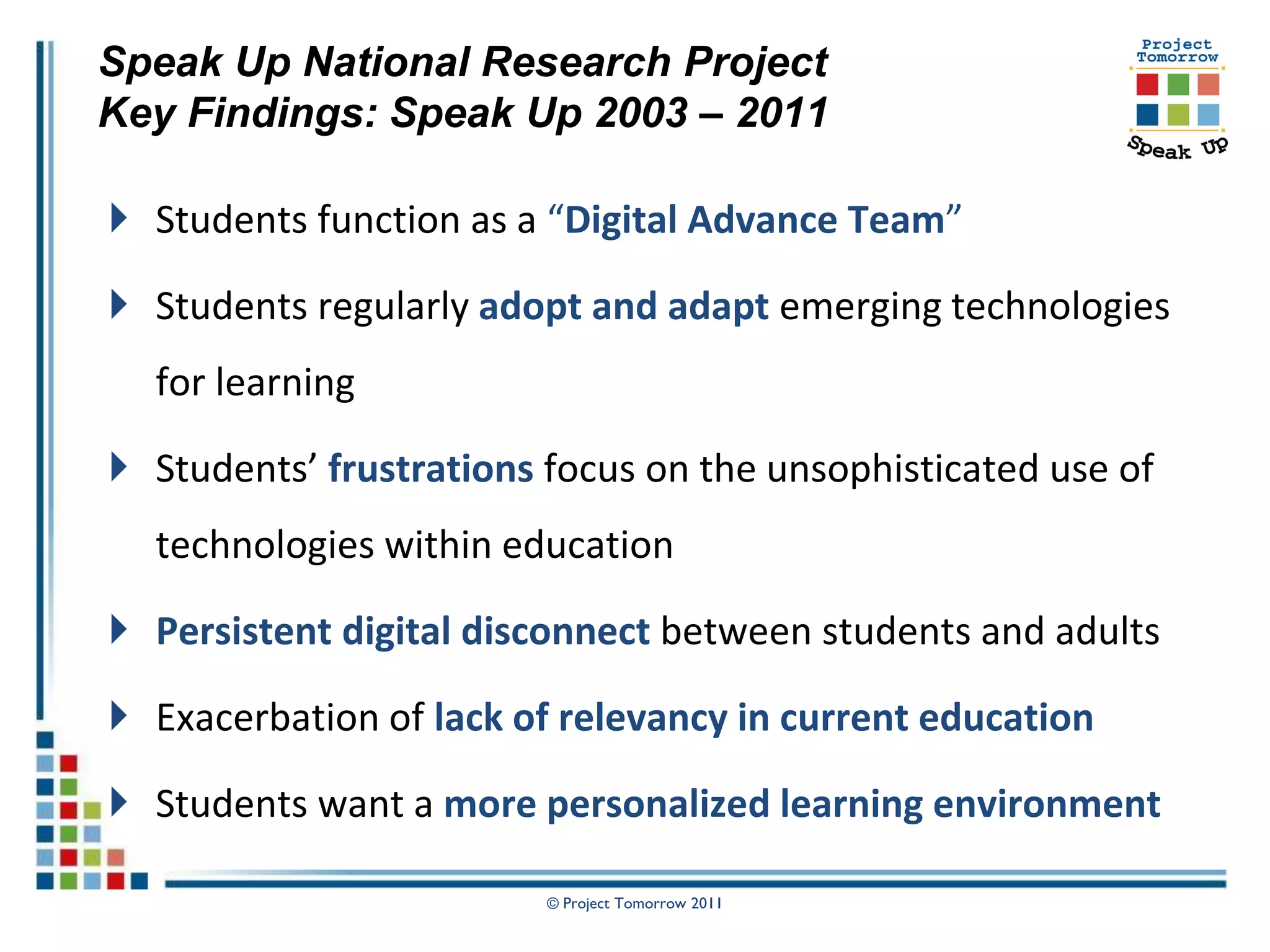 Speak Up National Research Project
Key Findings: Speak Up 2003 – 2011

 Students function as a “Digital Advance Team”

 Students regularly adopt and adapt emerging technologies
  for learning

 Students’ frustrations focus on the unsophisticated use of
  technologies within education

 Persistent digital disconnect between students and adults

 Exacerbation of lack of relevancy in current education

 Students want a more personalized learning environment

                         © Project Tomorrow 2011
 