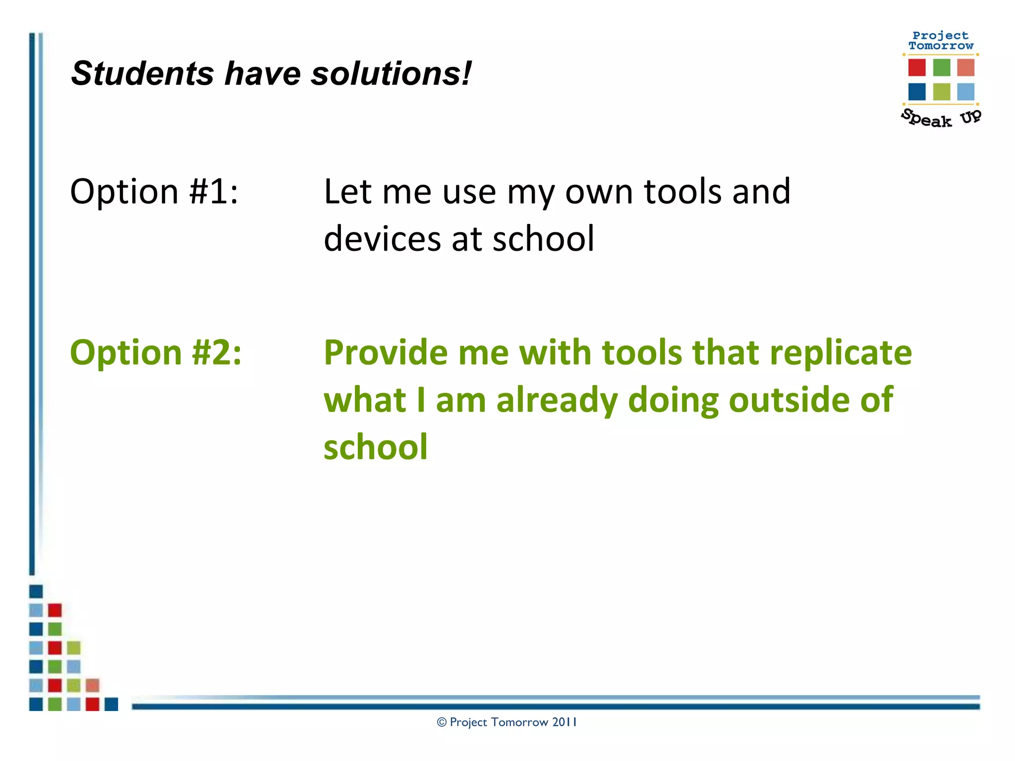 Students have solutions!


Option #1:     Let me use my own tools and
               devices at school

Option #2:     Provide me with tools that replicate
               what I am already doing outside of
               school




                     © Project Tomorrow 2011
 