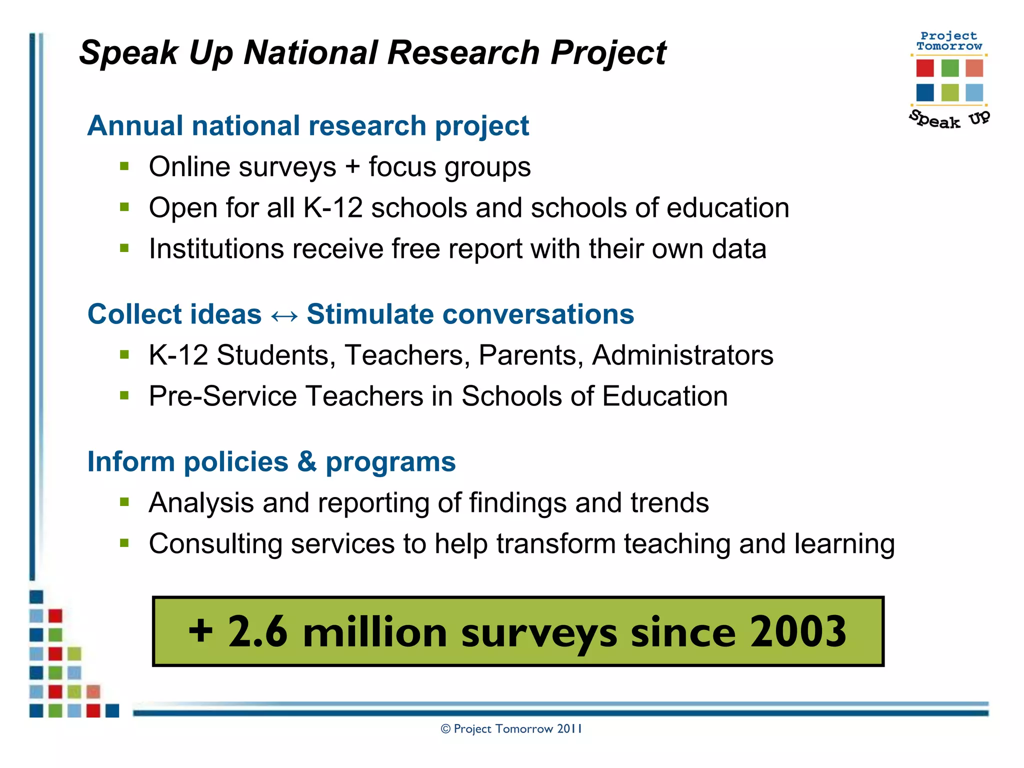 Speak Up National Research Project

Annual national research project
   Online surveys + focus groups
   Open for all K-12 schools and schools of education
   Institutions receive free report with their own data

Collect ideas ↔ Stimulate conversations
   K-12 Students, Teachers, Parents, Administrators
   Pre-Service Teachers in Schools of Education

Inform policies & programs
    Analysis and reporting of findings and trends
    Consulting services to help transform teaching and learning


        + 2.6 million surveys since 2003
                            © Project Tomorrow 2011
 