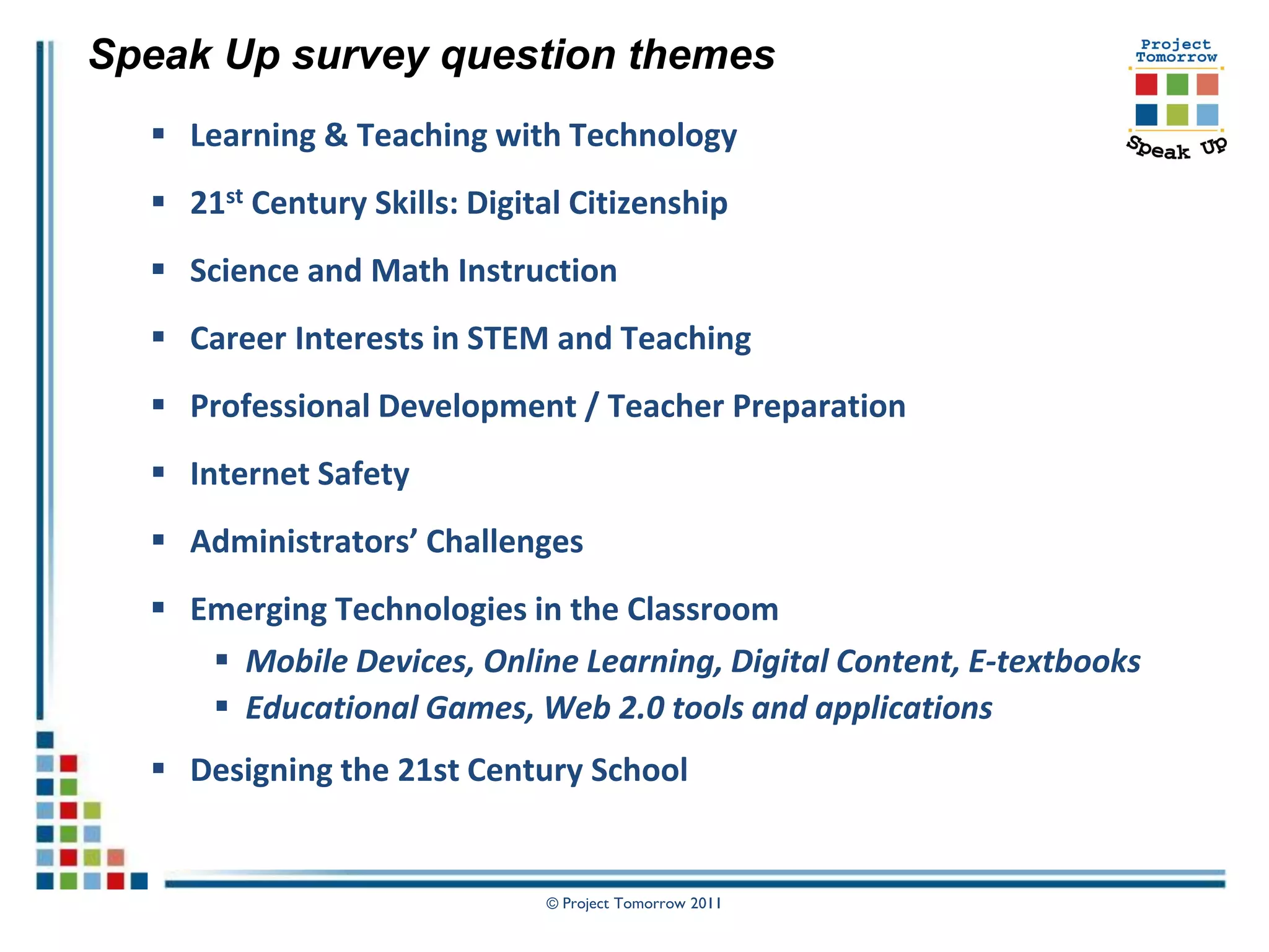 Speak Up survey question themes
   Learning & Teaching with Technology
   21st Century Skills: Digital Citizenship
   Science and Math Instruction
   Career Interests in STEM and Teaching
   Professional Development / Teacher Preparation
   Internet Safety
   Administrators’ Challenges
   Emerging Technologies in the Classroom
      Mobile Devices, Online Learning, Digital Content, E-textbooks
      Educational Games, Web 2.0 tools and applications
   Designing the 21st Century School


                              © Project Tomorrow 2011
 