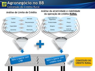 Mercado
Documentação
Histórico
Restrições
Capital
Caráter
Capacidade
Garantias
Análise de Limite de Crédito
Clima
Preços
Logística
Local do
Empreendimento
Capacidade de
Pagamento
Produtividade
Margens
Câmbio
Análise da atratividade e viabilidade
da operação de crédito RURAL
Agronegócio no BB
Concessão do Crédito Rural
 