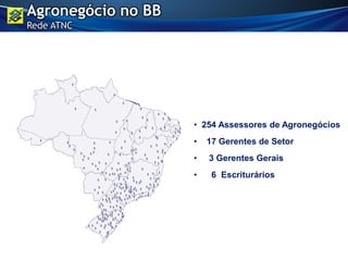 • 254 Assessores de Agronegócios
• 17 Gerentes de Setor
• 3 Gerentes Gerais
• 6 Escriturários
Agronegócio no BB
Rede ATNC
 