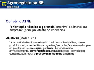 Convênio ATNI:
“orientação técnica e gerencial em nível de imóvel ou
empresa” (principal objeto do convênio)
Objetivos (MCR 1-5-1)
“A assistência técnica e extensão rural buscarão viabilizar, com o
produtor rural, suas famílias e organizações, soluções adequadas para
os problemas de produção, gerência, beneficiamento,
armazenamento, comercialização, industrialização, eletrificação,
consumo, bem-estar e preservação do meio ambiente”
Agronegócio no BB
Rede ATNI
 