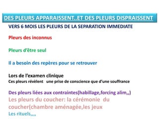 DES PLEURS APPARAISSENT..ET DES PLEURS DISPRAISSENT
VERS 6 MOIS LES PLEURS DE LA SEPARATION IMMEDIATE
Pleurs des inconnus
Pleurs d’être seul
Il a besoin des repères pour se retrouver
Lors de l’examen clinique
Ces pleurs révèlent une prise de conscience que d’une souffrance
Des pleurs liées aux contraintes(habillage,forcing alim,,)
Les pleurs du coucher: la cérémonie du
coucher(chambre aménagée,les jeux
Les rituels,,,,
 
