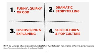 "We’ll be looking at commissioning stuff that has fallen in the cracks between the network c
– Jason Phipps, commissioning editor for podcasts at the BBC
5
 