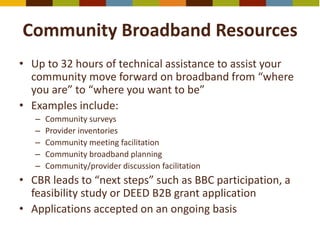 Community Broadband Resources
• Up to 32 hours of technical assistance to assist your
community move forward on broadband from “where
you are” to “where you want to be”
• Examples include:
– Community surveys
– Provider inventories
– Community meeting facilitation
– Community broadband planning
– Community/provider discussion facilitation
• CBR leads to “next steps” such as BBC participation, a
feasibility study or DEED B2B grant application
• Applications accepted on an ongoing basis
 