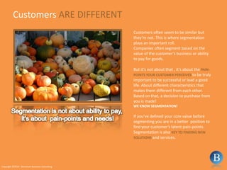 Customers ARE DIFFERENTCustomers often seem to be similar but they’re not. This is where segmentation plays an important roll.Companies often segment based on the value of the customer’s business or ability to pay for goods.But it’s not about that , it’s about thePAIN-POINTS YOUR CUSTOMER PERCEIVES to be truly important to be successful or lead a good life. About different characteristics that makes them different from each other. Based on that, a decision to purchase from you is made! WE KNOW SEGMENTATION!If you’ve defined your core value before segmenting you are in a better  position to find your customer’s latent pain-points. Segmentation is also KEY TO FINDING NEW SOLUTIONS and services.Segmentation is not about ability to pay, it’s about  pain-points and needs!Copyright ©2010 - Berntsson Business Consulting