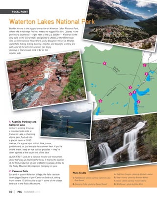 Photo Credits
1. Paddleboard -photo courtesy Cameron Lake
Boat Rental
2. Cameron Falls -photo by Davan Russell
4. Red Rock Canyon -photo by Michael Lawton
5. Bears Hump -photo by Brenton Walker
7. Bison -photo courtesy Travel Alberta
8. Wildflower -photo by Edna Winti
redits
4. Red Rock Canyon -photo by Michael Lawton
80 | PEG SUMMER 2016
FOCAL POINT
1. Akamina Parkway and
Cameron Lake
A short, winding drive up
a mountainside ends at
Cameron Lake, a charming
alpine gem. Tucked into
a glacial basin at 1,650
metres, it’s a great spot to fish, hike, canoe,
paddleboard, or just escape the summer heat. If you’re
on the water, keep an eye out for grizzlies — they’re
often spotted at the south end of the lake.
QUICK FACT: Look for a national historic site monument
about half way up Akamina Parkway. It marks the location
of the first productive oil well in Western Canada, drilled by
the Rocky Mountain Development Company in 1902.
2. Cameron Falls
Located in quaint Waterton Village, the falls cascade
down jagged layers of pre-Cambrian bedrock, dating
from a mere 1.5 billion years ago — some of the oldest
bedrock in the Rocky Mountains.
Waterton Lakes National Park
Mother Nature is the biggest attraction at Waterton Lakes National Park,
where the windswept Prairies meets the rugged Rockies. Located in the
province’s southwest — right next to the U.S. border — Waterton is the
only park in the world that’s designated a UNESCO World Heritage
Site, an International Peace Park, and a Biosphere Reserve. Wildlife,
waterfalls, hiking, biking, boating, beaches and beautiful scenery are
just some of the activities visitors can enjoy.
A bonus is that crowds tend to be on the
smaller side.
 
