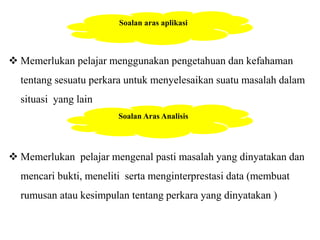 Soalan aras aplikasi 
 Memerlukan pelajar menggunakan pengetahuan dan kefahaman 
tentang sesuatu perkara untuk menyelesaikan suatu masalah dalam 
situasi yang lain 
Soalan Aras Analisis 
 Memerlukan pelajar mengenal pasti masalah yang dinyatakan dan 
mencari bukti, meneliti serta menginterprestasi data (membuat 
rumusan atau kesimpulan tentang perkara yang dinyatakan ) 
 