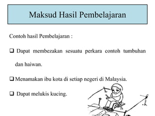Maksud Hasil Pembelajaran 
Contoh hasil Pembelajaran : 
 Dapat membezakan sesuatu perkara contoh tumbuhan 
dan haiwan. 
Menamakan ibu kota di setiap negeri di Malaysia. 
 Dapat melukis kucing. 
 