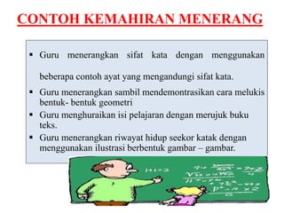 CONTOH KEMAHIRAN MENERANG 
 Guru menerangkan sifat kata dengan menggunakan 
beberapa contoh ayat yang mengandungi sifat kata. 
 Guru menerangkan sambil mendemontrasikan cara melukis 
bentuk- bentuk geometri 
 Guru menghuraikan isi pelajaran dengan merujuk buku 
teks. 
 Guru menerangkan riwayat hidup seekor katak dengan 
menggunakan ilustrasi berbentuk gambar – gambar. 
 