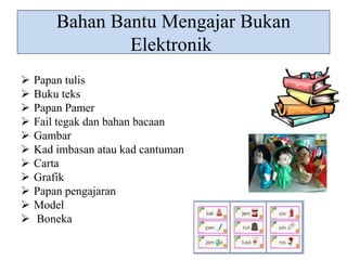 Bahan Bantu Mengajar Bukan 
Elektronik 
 Papan tulis 
 Buku teks 
 Papan Pamer 
 Fail tegak dan bahan bacaan 
 Gambar 
 Kad imbasan atau kad cantuman 
 Carta 
 Grafik 
 Papan pengajaran 
 Model 
 Boneka 
 