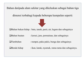 Bahan daripada alam sekitar yang dikelaskan sebagai bahan tiga 
dimensi terbahagi kepada beberapa kumpulan seperti: 
Bahan bukan hidup : batu, tanah, pasir, air, logam dan sebagainya 
Bahan buatan : kerusi, jam, permainan, dan sebagainya 
Tumbuhan : rumput, paku pakis, bunga dan sebagainya 
Benda hidup : ikan, katak, nyamuk, rama-rama dan sebagainya. 
 