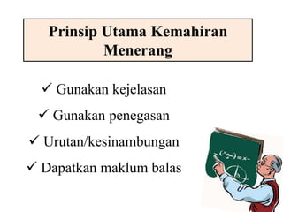 Prinsip Utama Kemahiran 
Menerang 
 Gunakan kejelasan 
 Gunakan penegasan 
 Urutan/kesinambungan 
 Dapatkan maklum balas 
 