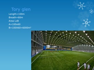 Tory glen
Length=100m
Breath=60m
Area LxB
A=100x60
B=100X60=6000m2