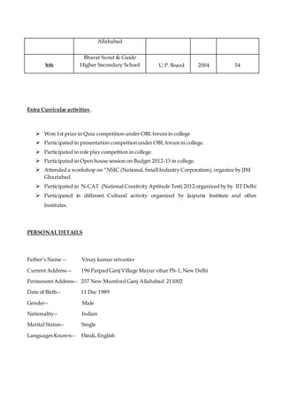 Allahabad
Xth
Bharat Scout & Guide
Higher Secondary School U.P. Board 2004 54
Extra Curricular activities .
 Won 1st prize in Quiz competition under OBL forum in college
 Participated in presentation compettion under OBL forum in college.
 Participated in role play compettion in college.
 Participated in Open house session on Budget 2012-13 in college.
 Attended a workshop on “NSIC (National, Small Industry Corporation), organize by JIM
Ghaziabad.
 Participated in N-CAT (National Creativity Aptitude Test) 2012 organized by by IIT Delhi
 Participated in different Cultural activity organized by Jaipuria Institute and other
Institutes.
PERSONAL DETAILS
Father’s Name -- Vinay kumar srivastav
Current Address -- 196 Patpad Ganj Village Mayur vihar Ph-1,New Delhi
Permanent Address-- 257 New Mumford Ganj Allahabad 211002
Date of Birth-- 11 Dec 1989
Gender-- Male
Nationality-- Indian
Marital Status-- Single
Languages Known-- Hindi, English
 