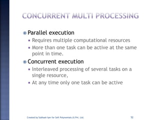  Parallel execution
 Requires multiple computational resources
 More than one task can be active at the same
point in time.
 Concurrent execution
 Interleaved processing of several tasks on a
single resource,
 At any time only one task can be active
Created by Subhash Iyer for Soft Polynomials (I) Pvt. Ltd. 52
 