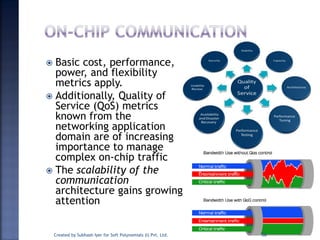  Basic cost, performance,
power, and flexibility
metrics apply.
 Additionally, Quality of
Service (QoS) metrics
known from the
networking application
domain are of increasing
importance to manage
complex on-chip traffic
 The scalability of the
communication
architecture gains growing
attention
Created by Subhash Iyer for Soft Polynomials (I) Pvt. Ltd. 56
 