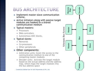  Implement master-slave communication
scheme,
 Active initiators along with passive target
modules are hooked to a shared
communication medium
 Typical masters:
 Processors
 DMA controllers
 Autonomous ASIC blocks,
 Typical slaves:
 Memories
 Co-processors
 Other peripherals
 Other components:
 Arbitration units: Grant the access to the
communication medium to one of the
competing master modules
 Decoder units: Activate the target module
based on the actual address and the address
map, which maps the target modules into
the bus address space
Created by Subhash Iyer for Soft Polynomials (I) Pvt. Ltd. 58
 