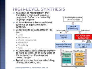  Analogous to “compilation” that
translates a high-level language
program in C/C++ to an assembly
language program
 HLS Also known as behavioral-level
synthesis or algorithmic-level
synthesis.
 Constraints to be considered in HLS
are:
 Area
 Performance
 Power consumption
 Reliability
 Testability
 Cost.
 HLS synthesis allows a design engineer
to make decisions at an early stage of
the design cycle, thus ensuring
correct design.
 Typical steps involved are scheduling,
binding, allocation, etc.
Created by Subhash Iyer for Soft Polynomials (I) Pvt. Ltd. 13
 
