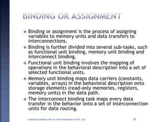  Binding or assignment is the process of assigning
variables to memory units and data transfers to
interconnections.
 Binding is further divided into several sub-tasks, such
as functional unit binding, memory unit binding and
interconnect binding.
 Functional unit binding involves the mapping of
operations in the behavioral description into a set of
selected functional units.
 Memory unit binding maps data carriers (constants,
variables, arrays) in the behavioral description onto
storage elements (read-only memories, registers,
memory units) in the data path.
 The interconnect binding task maps every data
transfer in the behavior onto a set of interconnection
units for data routing.
Created by Subhash Iyer for Soft Polynomials (I) Pvt. Ltd. 20
 