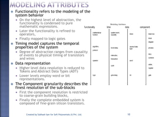  Functionality refers to the modeling of the
system behavior
 On the highest level of abstraction, the
functionality is condensed to pure
mathematic expressions.
 Later the functionality is refined to
operators,
 Finally mapped to logic gates
 Timing model captures the temporal
properties of the system
 Degree of abstraction ranges from causality
of events to physical timing of transistors
and wires
 Data representation
 Higher level data resolution is reduced to
Tokens and Abstract Data Types (ADT)
 Lower levels employ word or bit
representations.
 The Component granularity describes the
finest resolution of the sub-blocks
 First the component resolution is restricted
to coarse-grain building blocks,
 Finally the complete embedded system is
composed of fine-grain silicon transistors.
Created by Subhash Iyer for Soft Polynomials (I) Pvt. Ltd. 10
 