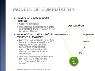  Creation of a system model
requires:
 Modeling language
 Well defined execution semantic
coordinating the activation of the
individual blocks
 Model of Computation (MoC) is
composed of two parts:
 Coordination language describes
basic execution semantics with
respect to properties like
parallelism, synchronism,
reactivity and provides the
abstracted communication
mechanism
 The host language provides the
language elements for the
specification of the system
models
Created by Subhash Iyer for Soft Polynomials (I) Pvt. Ltd. 11
 