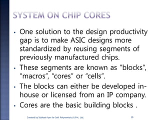 • One solution to the design productivity
gap is to make ASIC designs more
standardized by reusing segments of
previously manufactured chips.
• These segments are known as “blocks”,
“macros”, “cores” or “cells”.
• The blocks can either be developed in-
house or licensed from an IP company.
• Cores are the basic building blocks .
19Created by Subhash Iyer for Soft Polynomials (I) Pvt. Ltd.
 