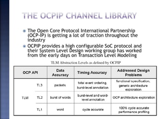  The Open Core Protocol International Partnership
(OCP-IP) is getting a lot of traction throughout the
industry
 OCPIP provides a high configurable SoC protocol and
their System Level Design working group has worked
from the early days on Transaction Level Modeling
Created by Subhash Iyer for Soft Polynomials (I) Pvt. Ltd. 36
 