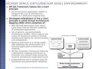  MP-SoC Framework follows the y-chart
principle
 Set of functional application models is
merged with a set of architecture
models in a dedicated mapping step
 Developed embodiment of the y-chart
principle is called Virtual Architecture
Mapping (VAM) which comprises of:
 Well defined abstraction level above
cycle-level TLM for efficient modeling
of embedded applications
 Set of generic, parameterizable
architecture models, which capture the
notion of shared and resource limited
architectural fabrics for communication
and computation
 Rigorous definition of a timing model,
that embodies the performance of a
selected application-architecture-
mapping
 MP-SoC simulation framework featuring
a declarative mapping mechanism to
minimize turn-around times during the
iterative architecture exploration cycle
 Comprehensive set of analysis tools for
functional and performance validation
Created by Subhash Iyer for Soft Polynomials (I) Pvt. Ltd. 44
 