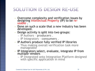• Overcome complexity and verification issues by
designing Intellectual Property (IP) to be re-
usable .
• Done on such a scale that a new industry has been
developed.
• Design activity is split into two groups:
– IP Authors – producers .
– IP Integrators – consumers .
• IP Authors produce fully verified IP libraries
– Thus making overall verification task more
manageable
• IP Integrators select, evaluate, integrate IP from
multiple vendors
– IP integrated onto Integration Platform designed
with specific application in mind
31Created by Subhash Iyer for Soft Polynomials (I) Pvt. Ltd.
 