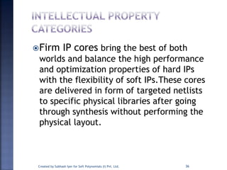 Firm IP cores bring the best of both
worlds and balance the high performance
and optimization properties of hard IPs
with the flexibility of soft IPs.These cores
are delivered in form of targeted netlists
to specific physical libraries after going
through synthesis without performing the
physical layout.
36Created by Subhash Iyer for Soft Polynomials (I) Pvt. Ltd.
 