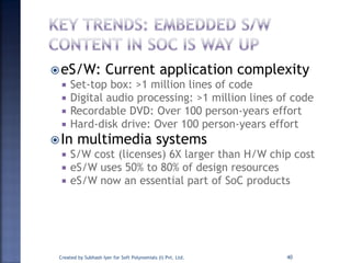 eS/W: Current application complexity
 Set-top box: >1 million lines of code
 Digital audio processing: >1 million lines of code
 Recordable DVD: Over 100 person-years effort
 Hard-disk drive: Over 100 person-years effort
In multimedia systems
 S/W cost (licenses) 6X larger than H/W chip cost
 eS/W uses 50% to 80% of design resources
 eS/W now an essential part of SoC products
40Created by Subhash Iyer for Soft Polynomials (I) Pvt. Ltd.
 