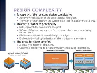  To cope with the resulting design complexity:
 Achieve virtualization of the architectural resources,
 They can be allocated by the system architect in a deterministic way.
 This virtualization is provided by
 NoC approach for communication part
 SW and HW operating systems for the control and data processing
respectively.
 Divide-and-conquer oriented design paradigm
 Enables individual optimization of the architectural elements
 The price for these benefits
 A penalty in terms of chip area,
 Generally considered to be of constantly decreasing importance.
Created by Subhash Iyer for Soft Polynomials (I) Pvt. Ltd. 13
 