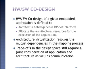  HW/SW Co-design of a given embedded
application is defined to
 Architect a heterogeneous MP-SoC platform
 Allocate the architectural resources for the
execution of the application.
 Architecture virtualization resolves the
mutual dependencies in the mapping process
 Trade-offs in the design space still require a
joint consideration of application and
architecture as well as communication
Created by Subhash Iyer for Soft Polynomials (I) Pvt. Ltd. 14
 