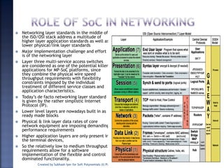  Networking layer standards in the middle of
the ISO/OSI stack address a multitude of
higher layer application standards as well as
lower physical/link layer standards
 Major implementation challenge and effort
is of the networking layer
 Layer three multi-service access switches
are considered as one of the potential killer
applications for MP-SoC platforms, since
they combine the physical wire speed
throughput requirements with flexibility
constraints imposed by the individual
treatment of different service classes and
application characteristics.
 Today’s de facto networking layer standard
is given by the rather simplistic Internet
Protocol (IP).
 Lower level layers are nowadays built in as
ready made blocks
 Physical & link layer data rates of core
network equipment are imposing demanding
performance requirements
 Higher application layers are only present in
the terminal devices,
 So the relatively low to medium throughput
requirements allow for a software
implementation of the flexible and control
dominated functionality.
Created by Subhash Iyer for Soft Polynomials (I) Pvt. Ltd. 25
 