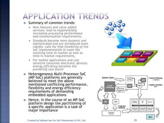  Summary of common trends:
 New features and value added
services: lead to exponentially
increasing processing performance
and communication requirements.
 Standards become more dynamic and
sophisticated and are introduced more
rapidly: calls for high flexibility of the
SoC implementation to meet the
resulting time-in-market as well as
time-in-market requirements.
 For mobile applications and cost
sensitive consumer electronic devices:
energy efficiency becomes the
prevailing cost factor
 Heterogeneous Multi-Processor SoC
(MP-SoC) platforms are generally
believed to meet the above
mentioned conflicting performance,
flexibility and energy efficiency
requirements of demanding
embedded applications
 Hence, in the course of an MP-SoC
platform design the partitioning of
a specific application is a task of
major importance
Created by Subhash Iyer for Soft Polynomials (I) Pvt. Ltd. 29
 