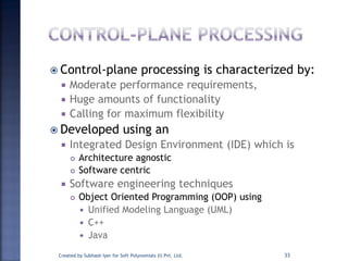 Control-plane processing is characterized by:
 Moderate performance requirements,
 Huge amounts of functionality
 Calling for maximum flexibility
 Developed using an
 Integrated Design Environment (IDE) which is
 Architecture agnostic
 Software centric
 Software engineering techniques
 Object Oriented Programming (OOP) using
 Unified Modeling Language (UML)
 C++
 Java
Created by Subhash Iyer for Soft Polynomials (I) Pvt. Ltd. 33
 